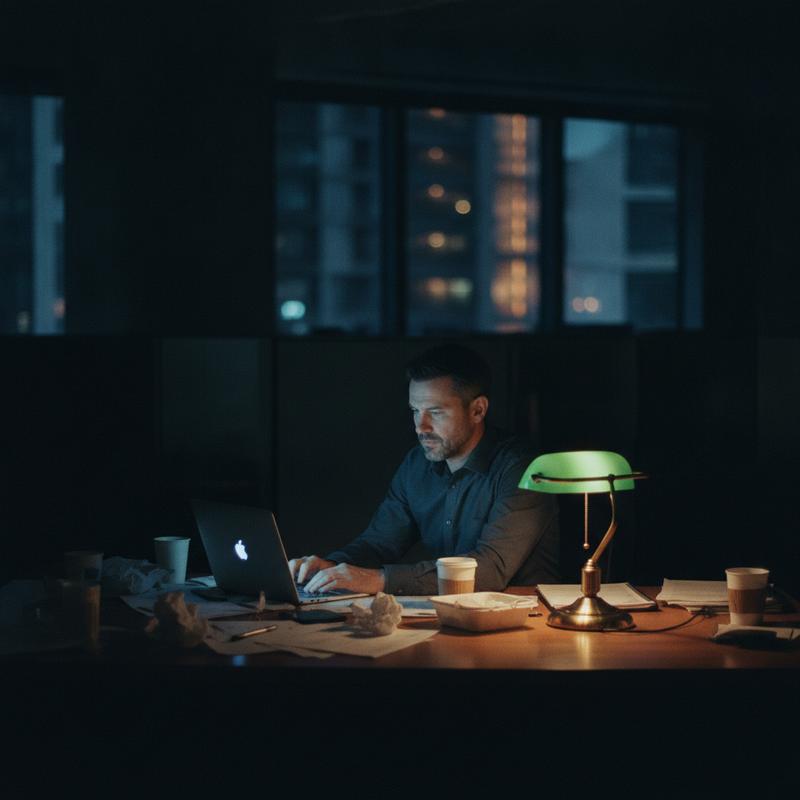 An exhausted tech executive alone at his desk late at night, laptop glowing
