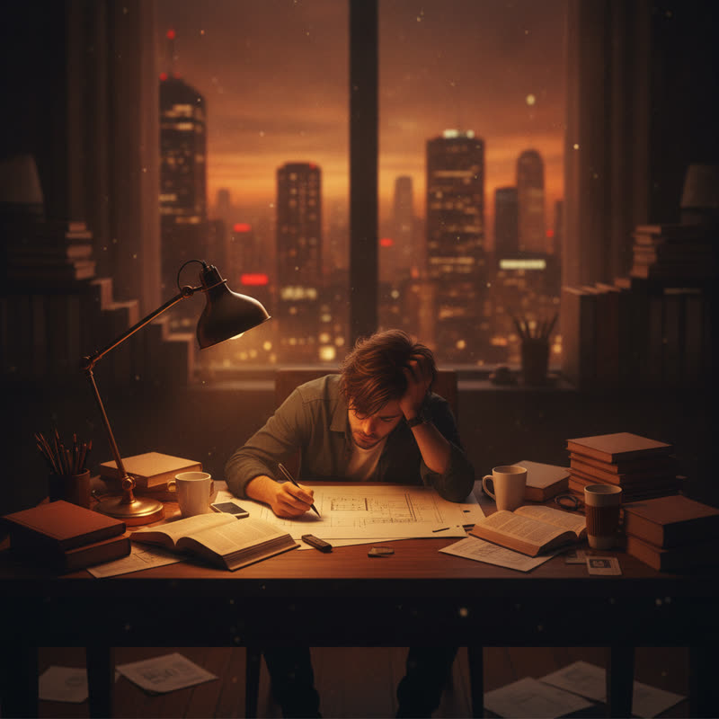 A leader working alone late at night, surrounded by papers, clearly exhausted