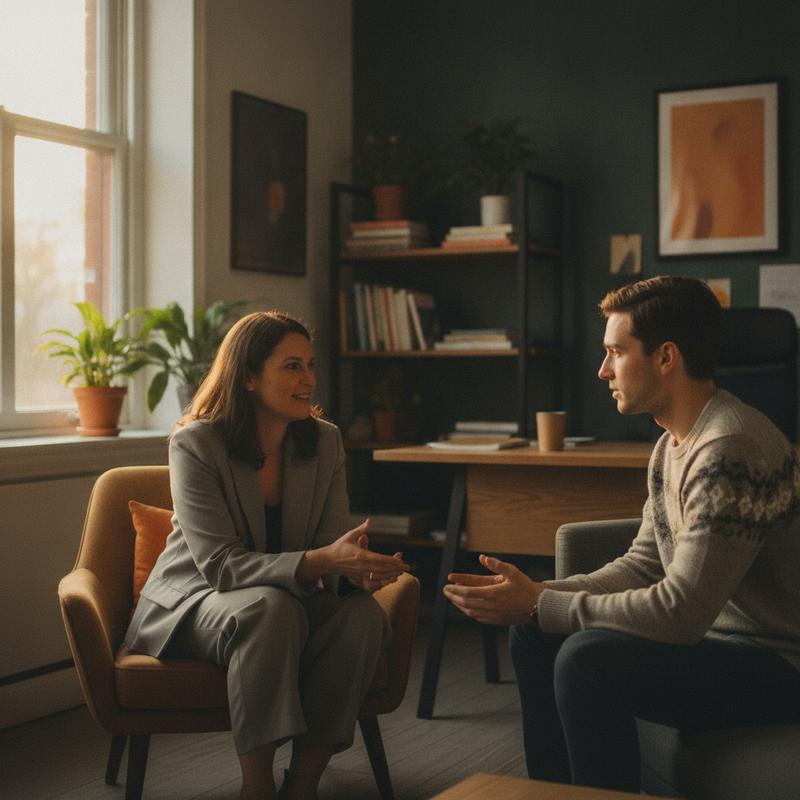A leader sitting at eye level with a team member having a real conversation