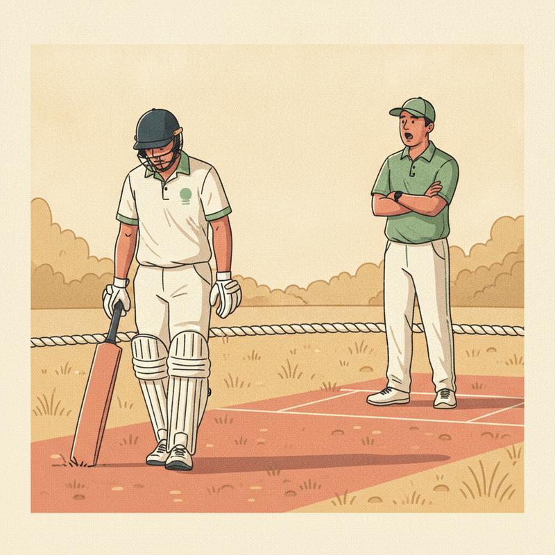 A cricket batsman walking off the pitch with head lowered while a coach waits at the boundary rope, arms folded, mid-sentence