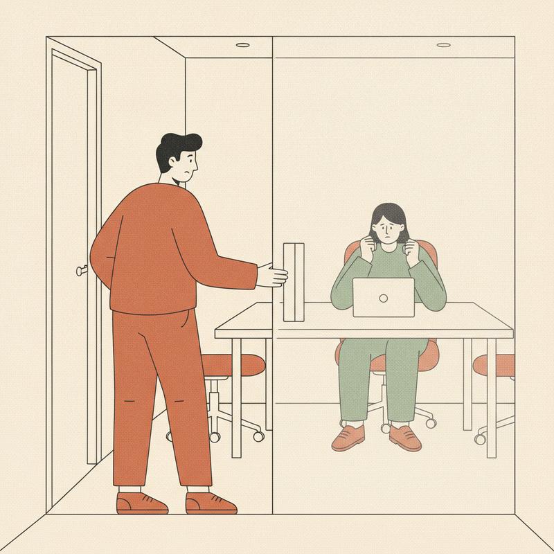 A manager pausing with a hand on a meeting room door handle, choosing not to go in, while a colleague sits tense at the table inside