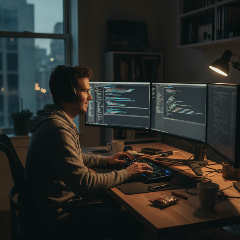 A skilled software engineer in deep focus at dual monitors, clearly in their element