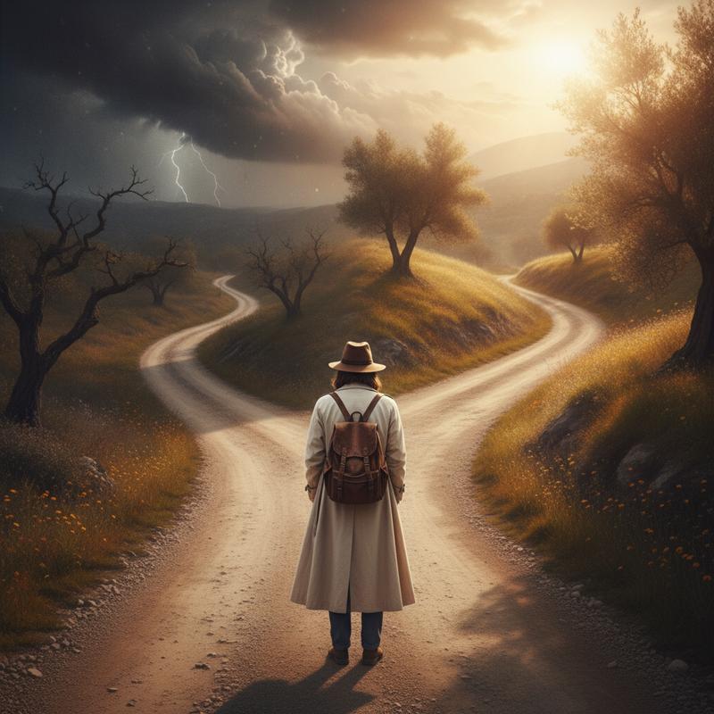 A person standing at a fork in the road at golden hour, facing two paths