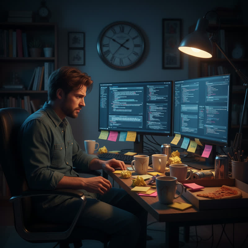 A developer working late into the evening, surrounded by AI chat windows and empty coffee cups