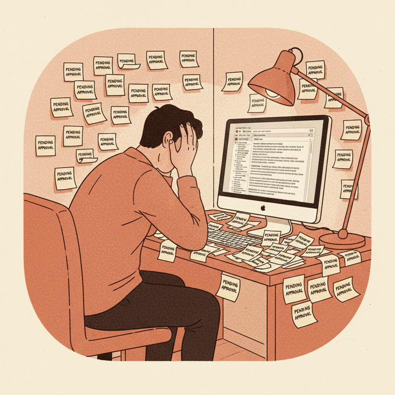 A frustrated engineer surrounded by pending approval sticky notes