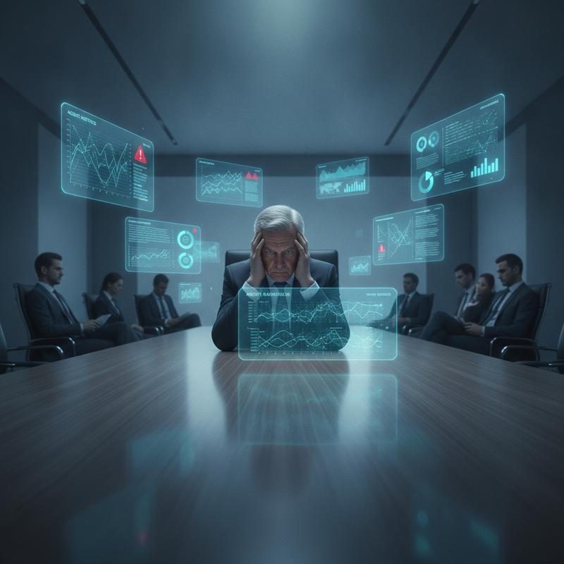 A frustrated executive surrounded by AI dashboards while their team sits disengaged in the background