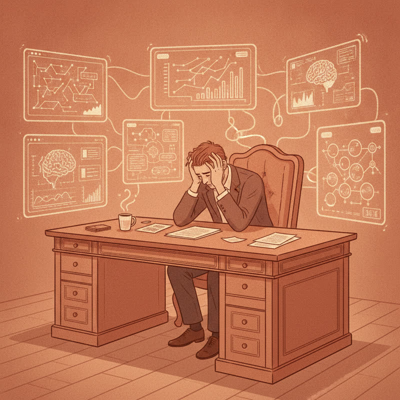 A business leader overwhelmed by AI dashboards, looking disconnected from the technology