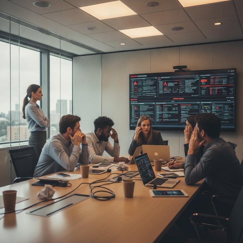A team sits around a conference table staring at an AI dashboard while their manager stands apart, arms folded
