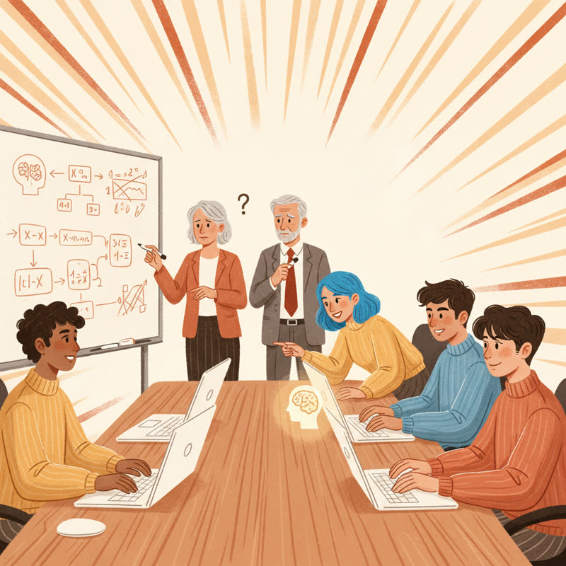 Older leaders working at a whiteboard while Gen Z employees use AI tools at the table, already consulting the AI for answers