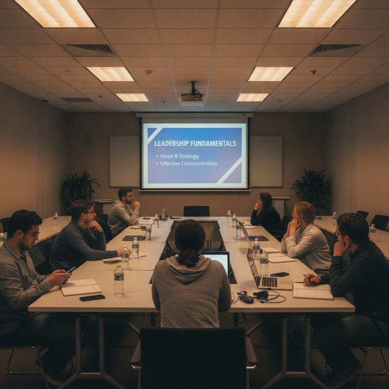 A corporate training room with engineers sitting through a generic leadership slide, several visibly checked out