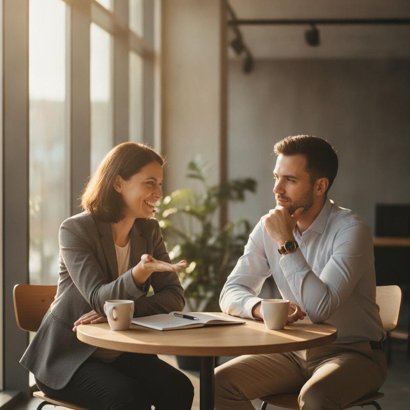 A manager and employee sit across a small table having a genuine one-on-one conversation, notebook open, warm natural light