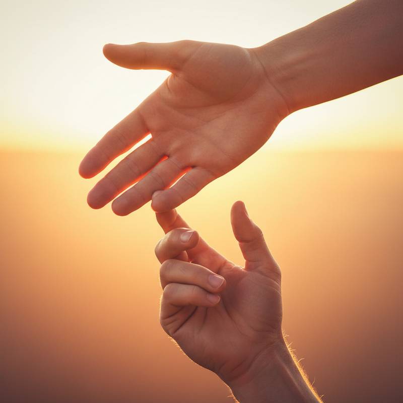 A hand reaching down to help another hand up, against a warm bright background