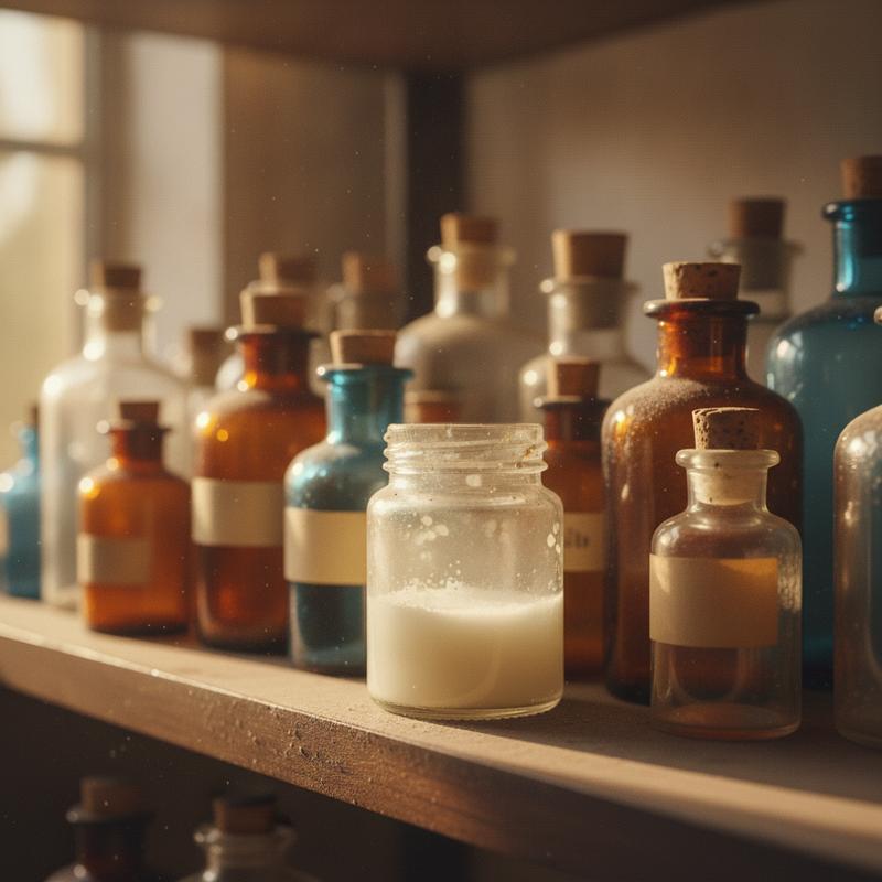 A small jar of pale adhesive sitting on a dusty laboratory shelf among old glass bottles, lit by warm afternoon sun
