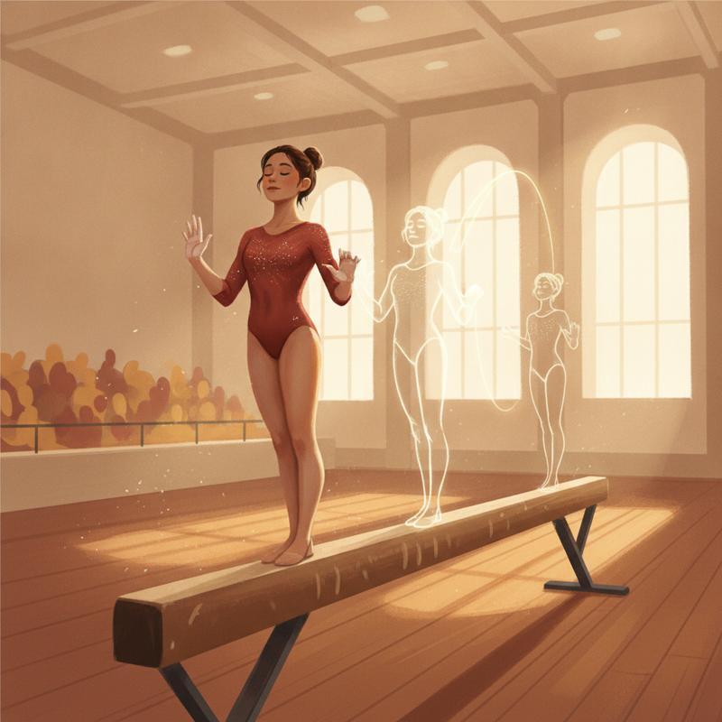 A gymnast standing on a balance beam with her eyes closed, faint outlines beside her showing the move she is rehearsing in her head