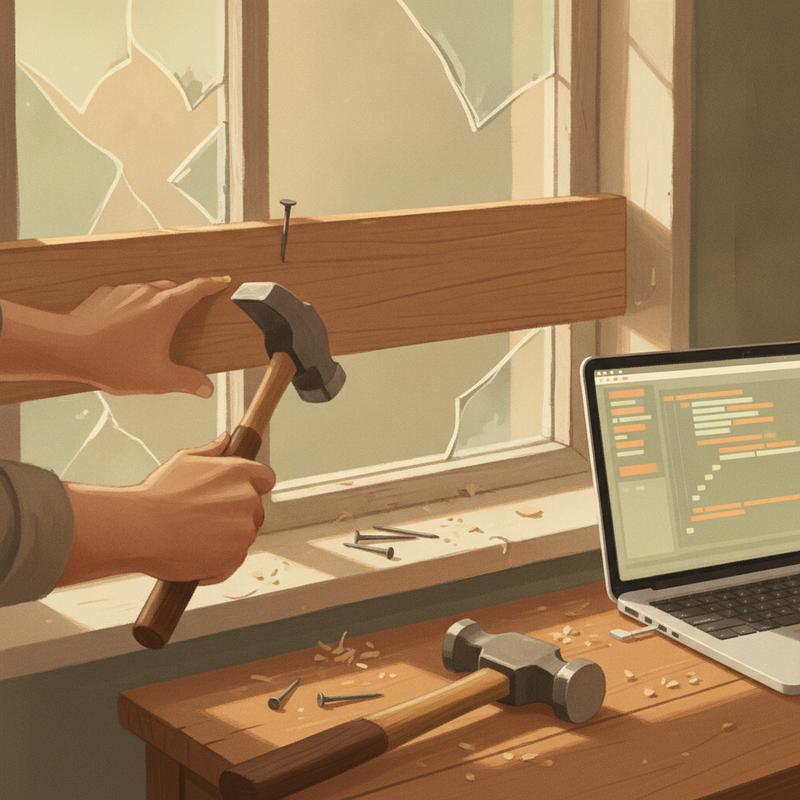 Hands nail a wooden board across a cracked window pane next to a laptop showing code