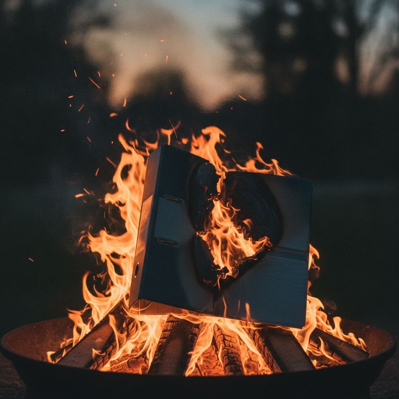 A thick employee handbook binder burning at dusk