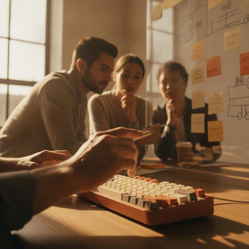 Hands stepping back from a keyboard while a team leans in around a whiteboard behind