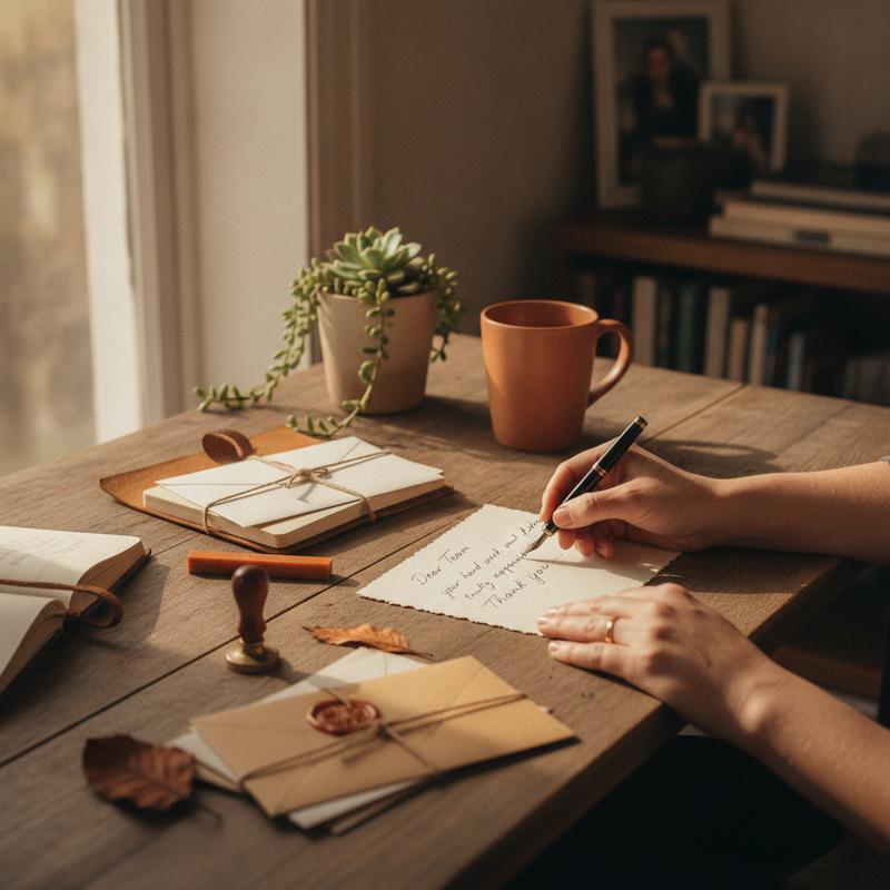 A manager writing a handwritten thank-you note at a quiet desk