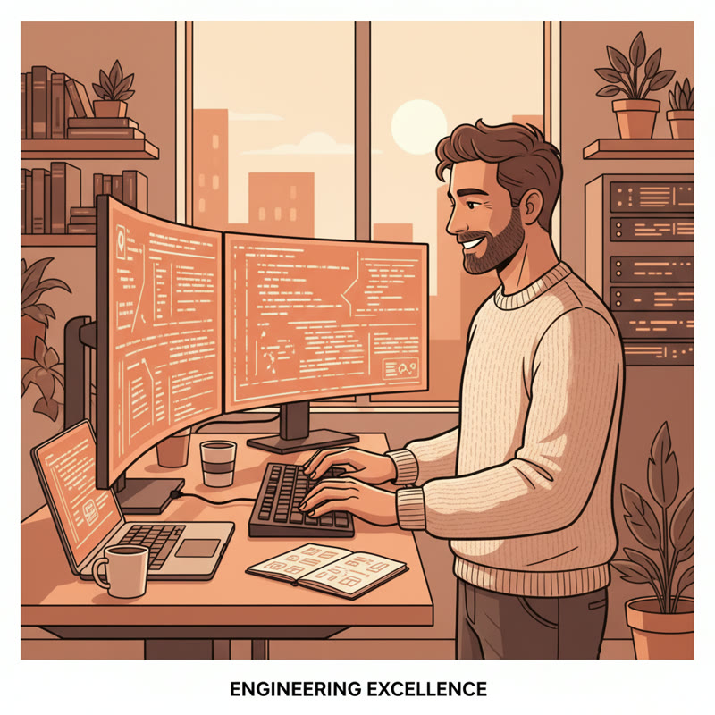 A senior engineer working at a standing desk with multiple monitors, deeply focused and thriving in individual contributor work