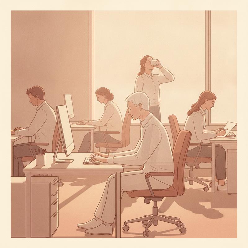 Colleagues at office desks, one desk with a fading figure nobody acknowledges
