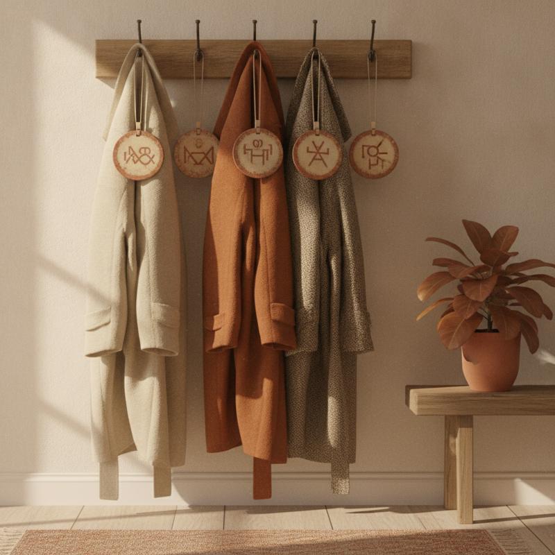 Coats hanging on hooks in a warm entryway, with one hook left bare
