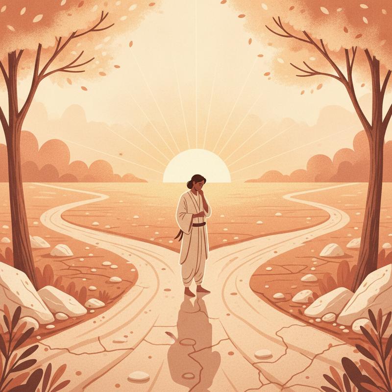 A person standing at a fork in the path at dawn, warm golden light ahead