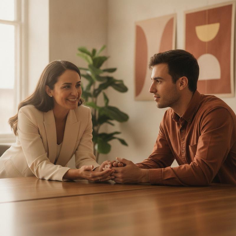 A leader in genuine conversation with a team member, forward-looking energy