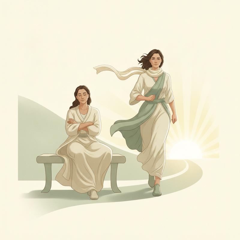 Two figures: one sitting passively, one walking purposefully forward toward a bright horizon