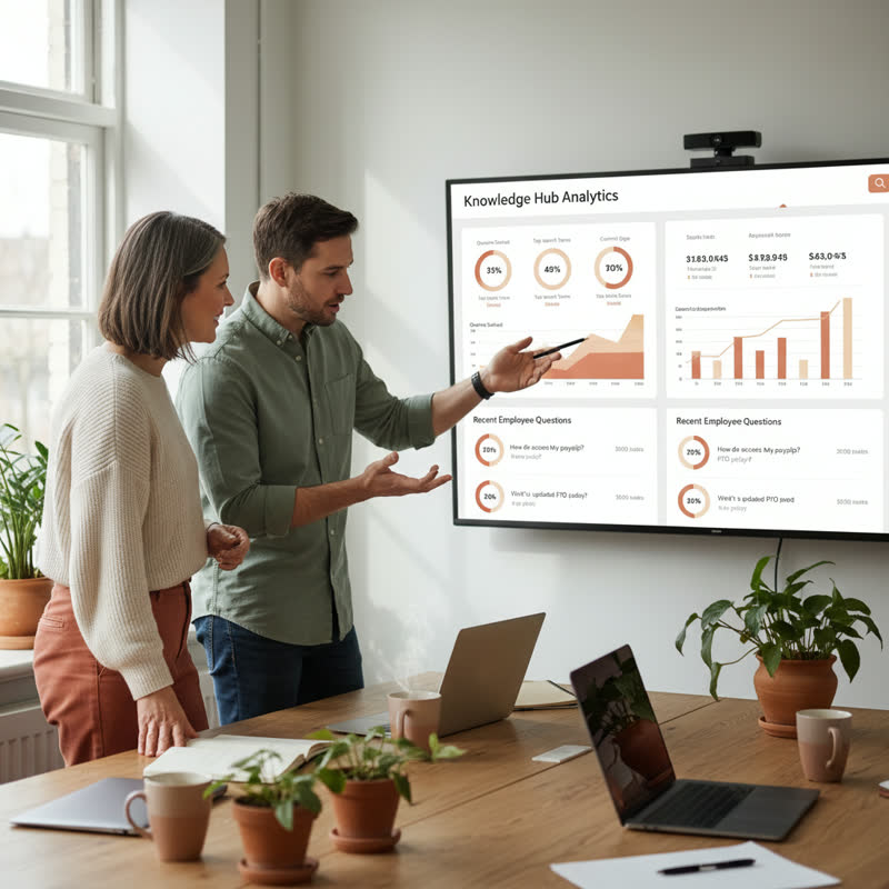 HR leader and tech team member reviewing knowledge analytics on a large screen together