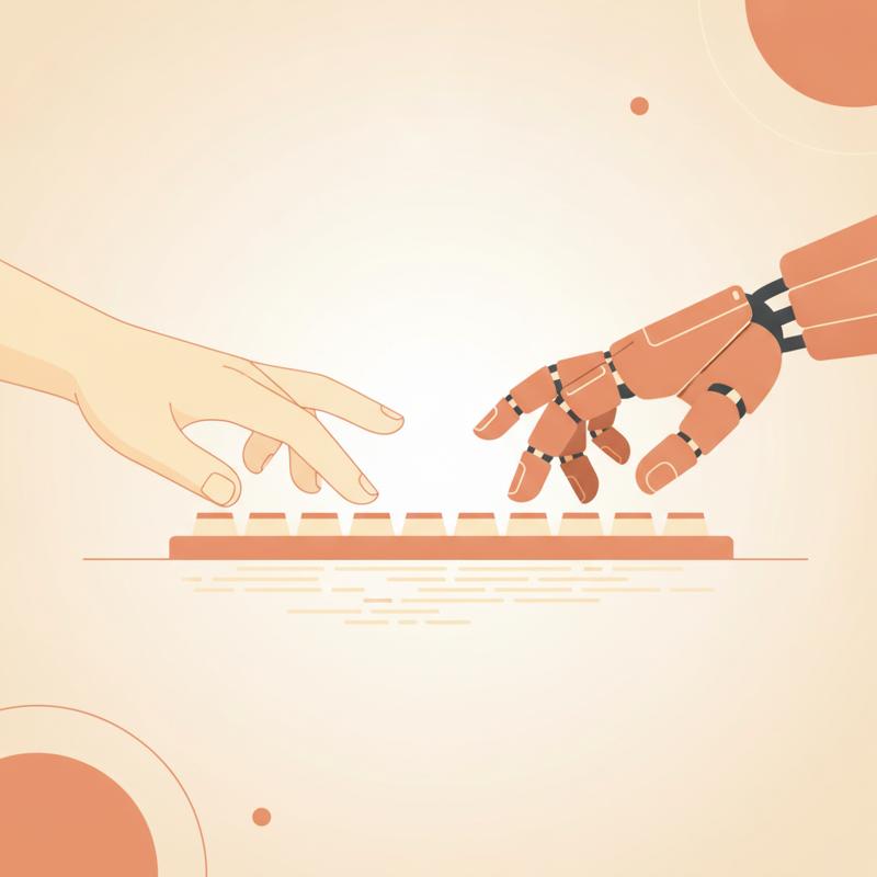 Two hands, one human and one robotic, both reaching toward the same keyboard