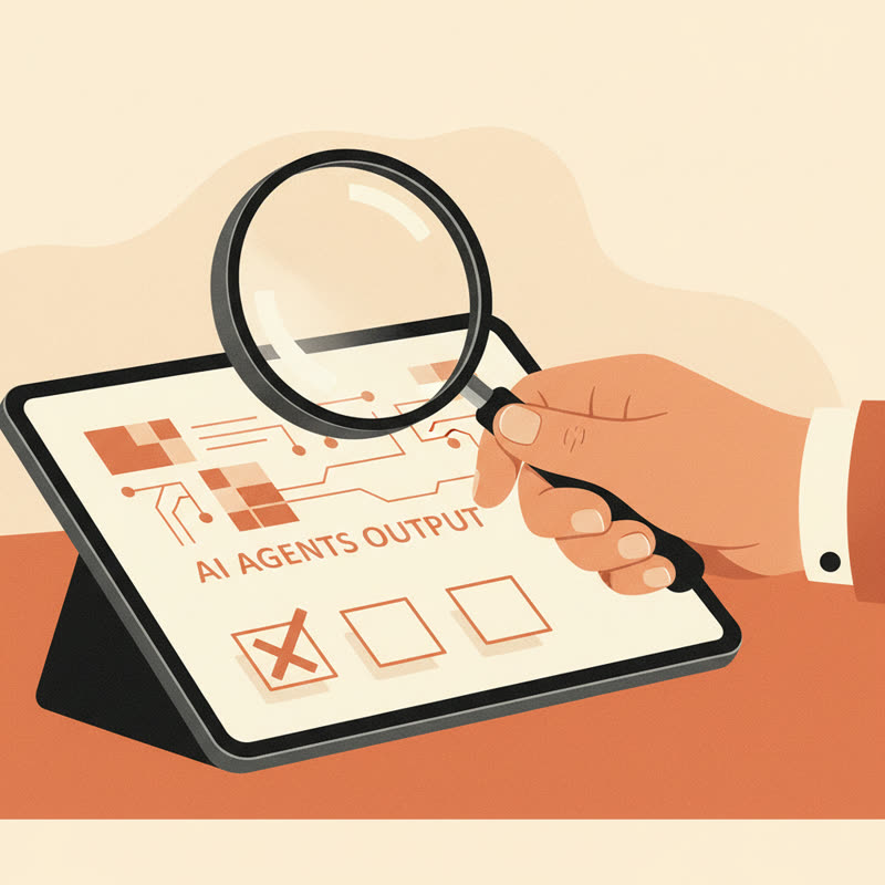 A human hand reviewing AI agent output with a magnifying glass over a digital checklist