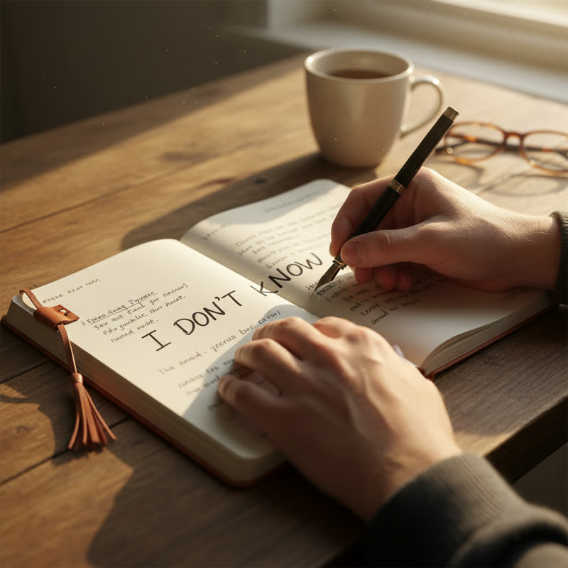 A notepad with the words "I don't know" written by hand in warm morning light