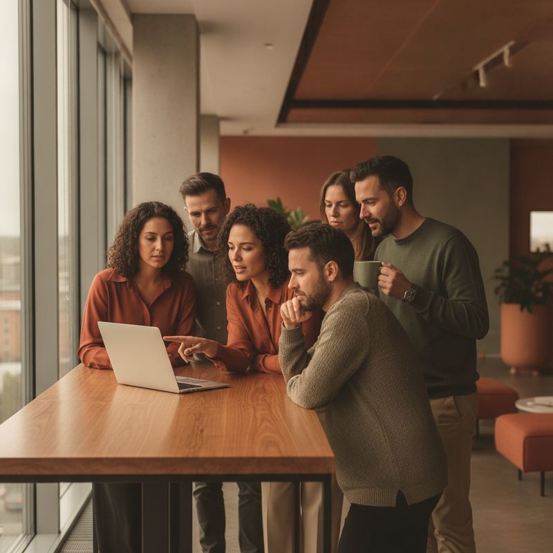 Engineers gathered around a laptop, one mid-sentence pointing at the screen while others listen