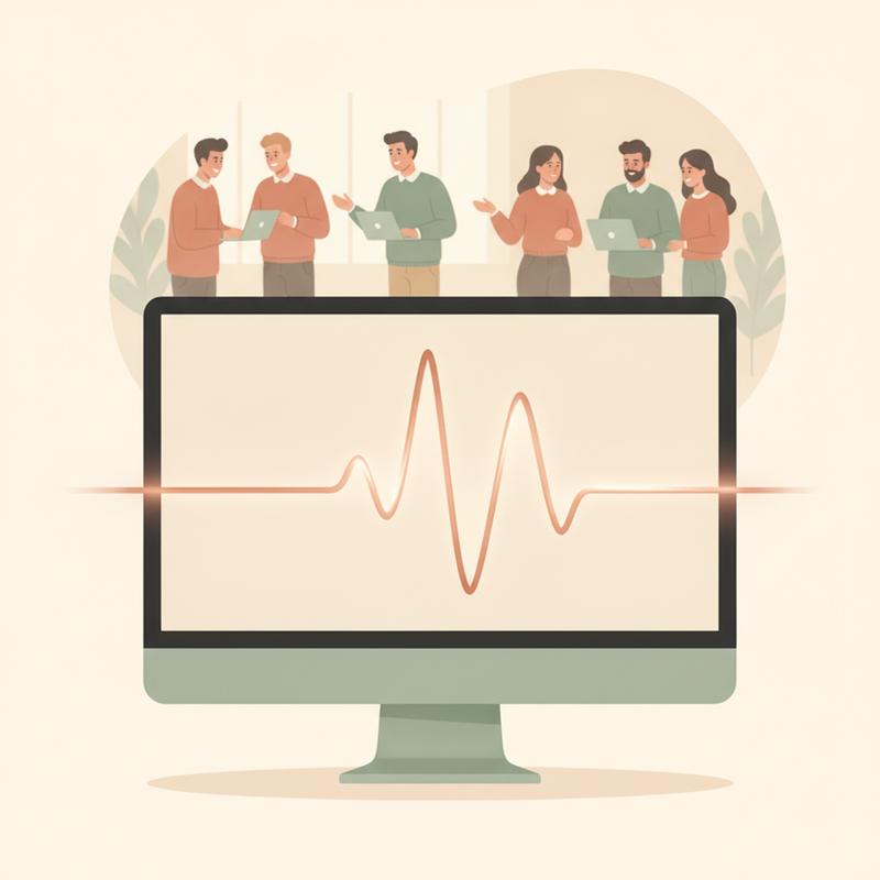 Illustration of a computer monitor showing a single glowing heartbeat line while a team of coworkers chats and shares news on laptops behind it
