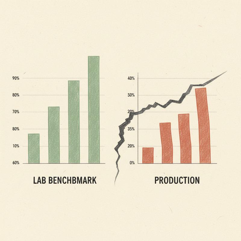 Two contrasting bar charts side by side: lab benchmark scores in confident sage green at 60-90%, production scores dramatically shorter and crooked in faded terracotta at 25-40%