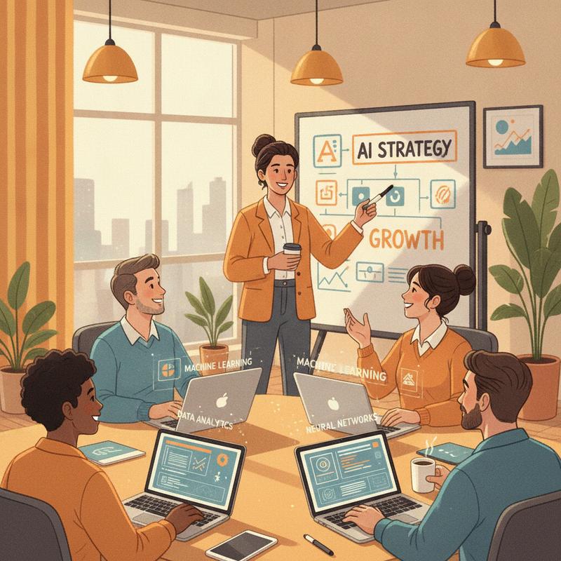 A confident leader at a whiteboard with a team enthusiastically using AI tools together