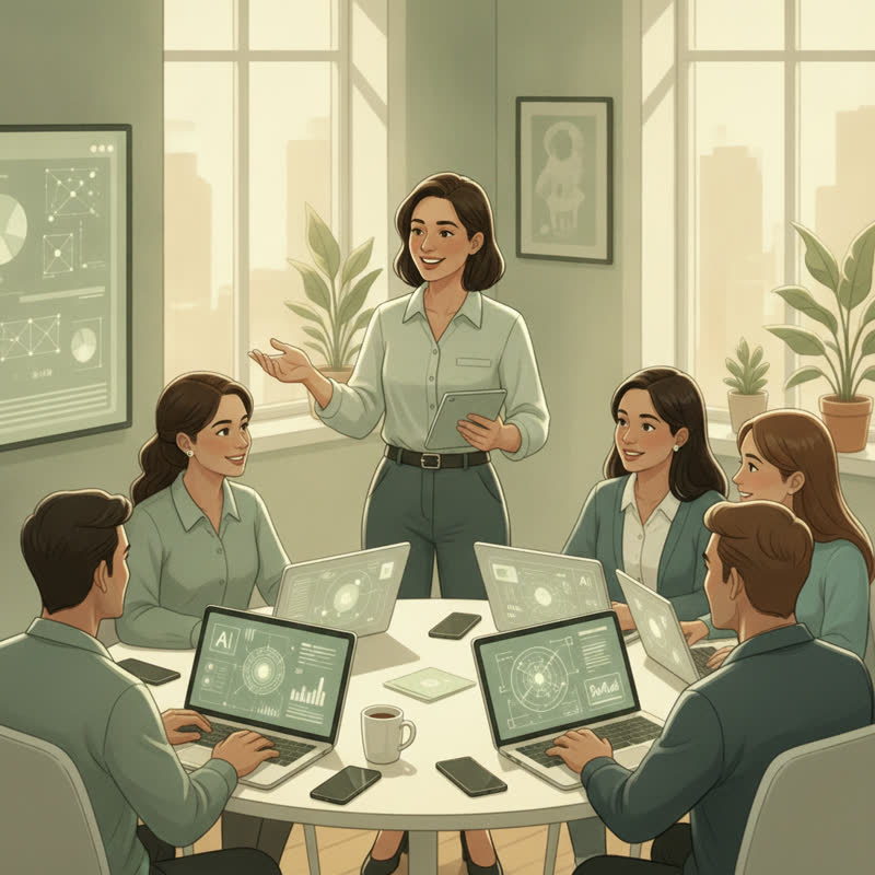 A confident leader coaching a diverse team working with AI tools on their laptops