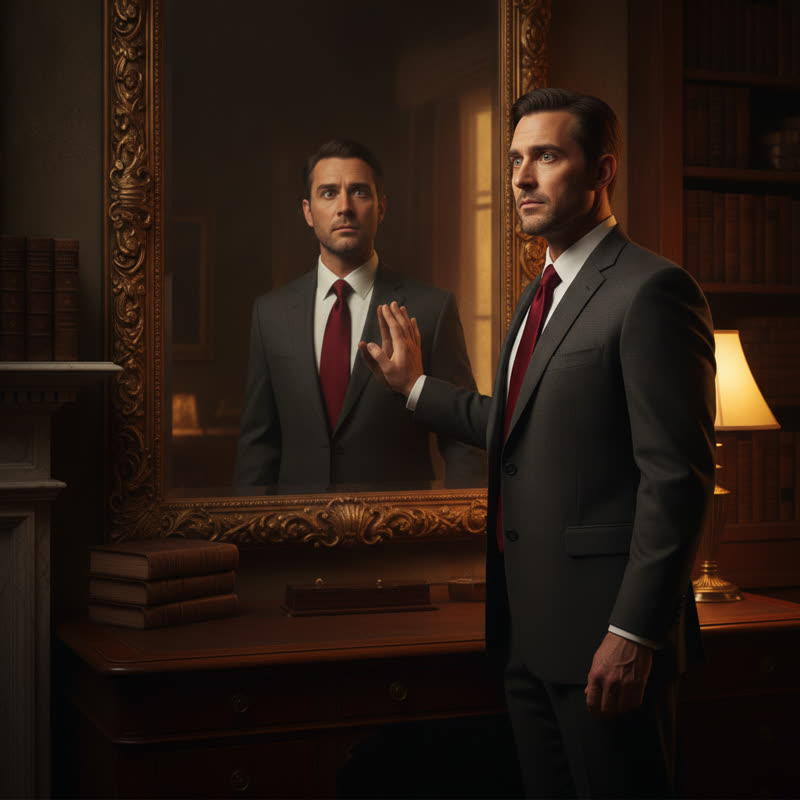 A leader standing before a large ornate mirror in a dimly lit office, looking at their reflection with a contemplative expression