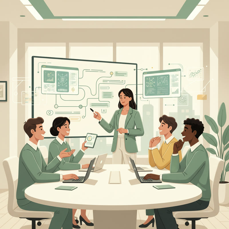 A team leader in open conversation with a diverse team reviewing AI tools and workflows together