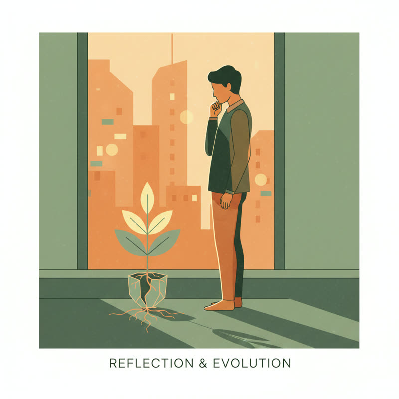 A leader standing alone at a window, contemplative and reflective, plant in the foreground