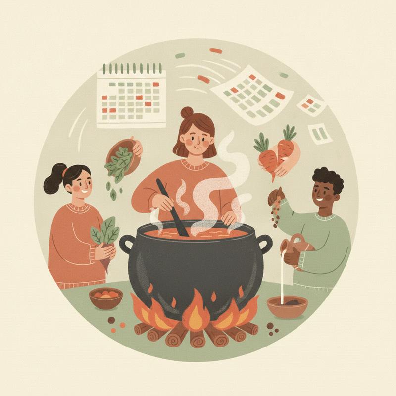 A team leader stirring a large pot while team members add ingredients, with calendar pages flying past behind them