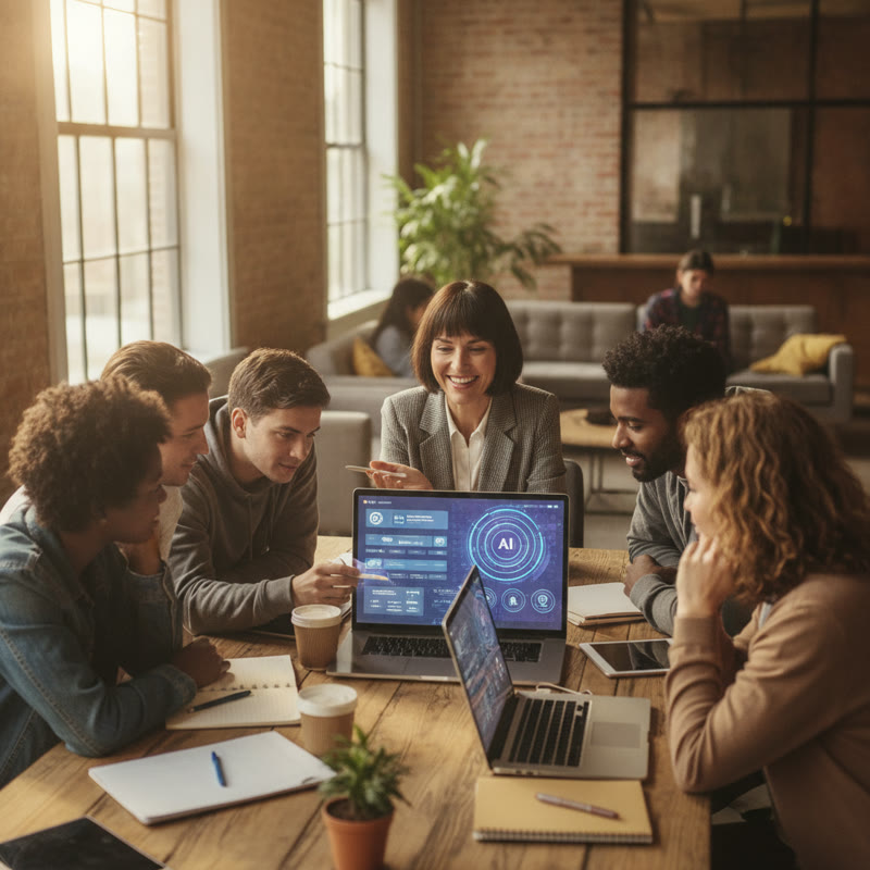A leader showing their team how to use AI tools around a laptop in a collaborative open office
