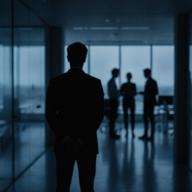 Silhouette of a manager standing apart from a blurred group of colleagues, symbolizing distance