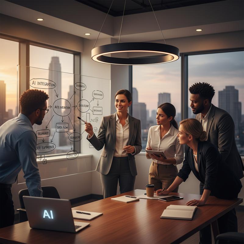 A leader thinking independently at a whiteboard, laptop closed, team watching with engagement