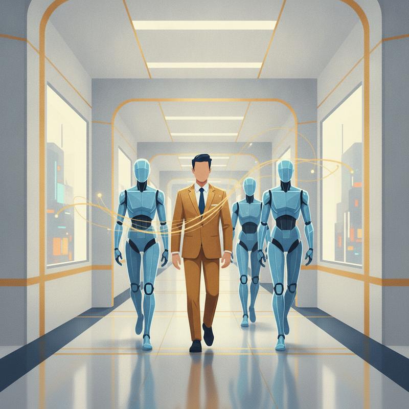 A leader walks confidently alongside AI agents down a bright corridor, collaborating as equals