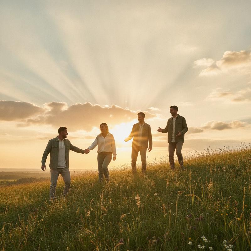 A small group walking up a grassy hill together toward the sunrise, one person offering a hand to help another
