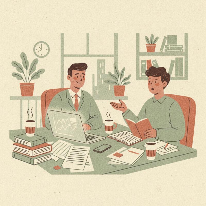 A manager at a desk nodding politely while their eyes drift toward a laptop screen, a colleague sitting opposite mid-sentence