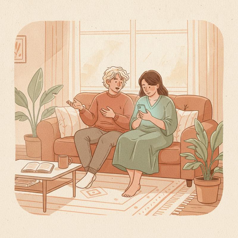 Two people sitting on a sofa, one talking with open hands while the other stares at a glowing phone screen