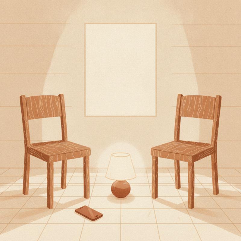 Two wooden chairs facing each other in a quiet room with a warm lamp between them and a phone face down on the floor