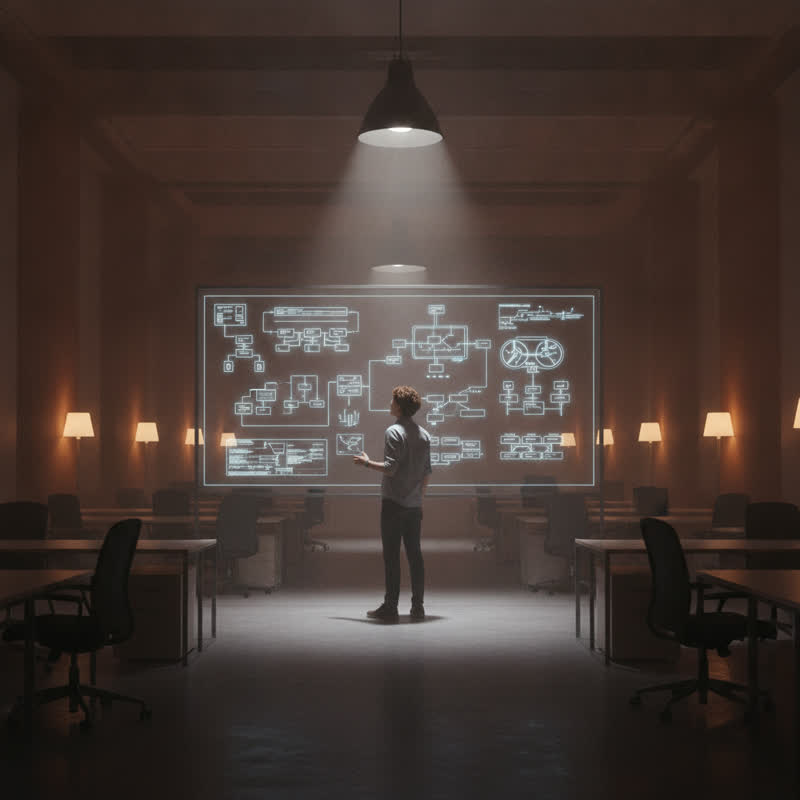 A lone engineer stands at a glowing whiteboard in an empty office at night